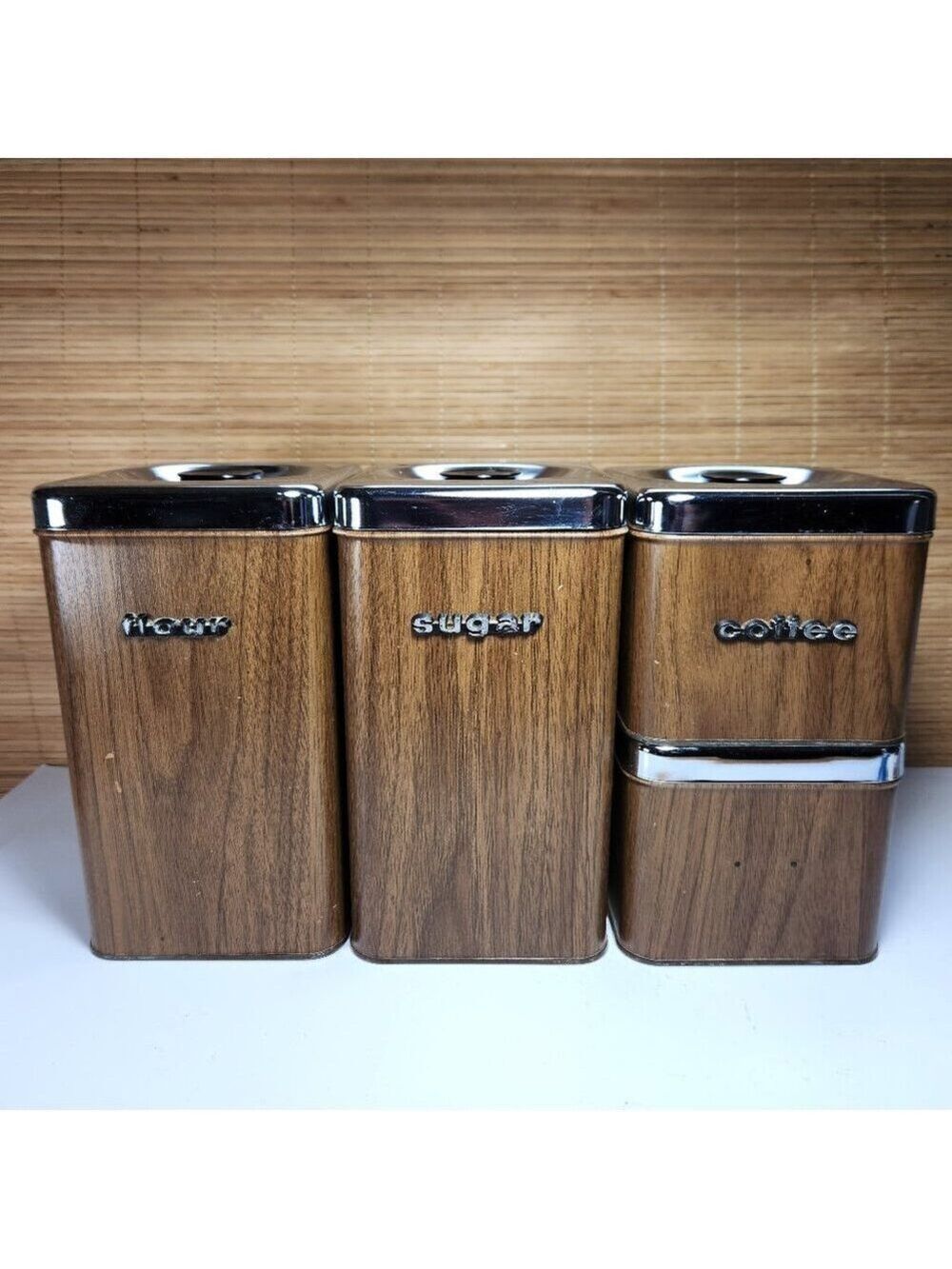 Vintage Queen Line Tin Canister Set A.R. Lite Brown Chrome Mid Century Kitchen